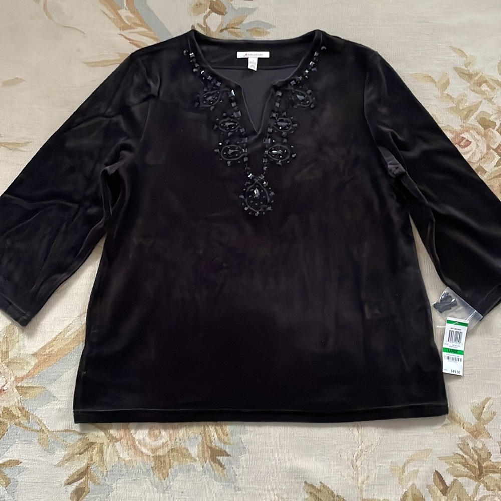 Large, thick, black velvet top, embellished neckline